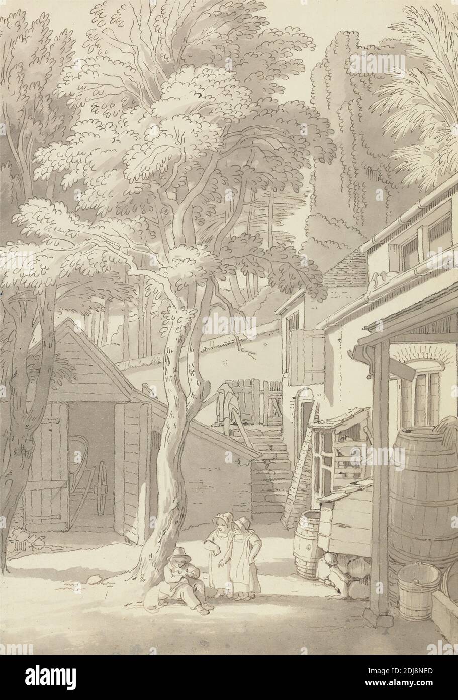 The Courtyard of Mr. Bank's House, Northernhay, Exeter, John White Abbott, 1763–1851, British, 1816, Pen und braune Tinte und Grauwäsche auf mäßig dickem, leicht strukturiertem, cremefarbenen Wove-Papier, Blatt: 10 1/2 x 7 1/2 Zoll (26.7 x 19.1 cm), architektonisches Motiv, Fässer, Junge, Wagen, Kinder, Hof, Kleider, Zaun, Garten, Genre Thema, Mädchen, Hüte, Landschaft, Bauern, spielen, Schuppen, Schritte, Bäume, Wagen, Devon, England, Exeter, Northernhay Gardens, Vereinigtes Königreich Stockfoto