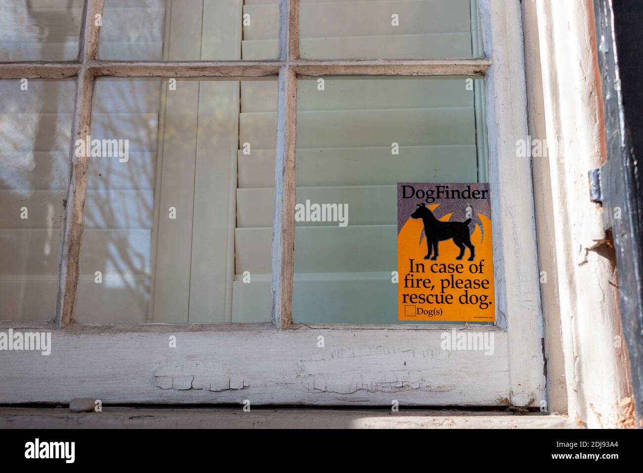 Alexandria, VA, USA 11-28-2020: Ein sehr nützlicher Fensteraufkleber, der auf dem Glasfenster eines alten Hauses angebracht ist, auf dem eine Hundefigur steht und auf dem steht: "In ca. Stockfoto