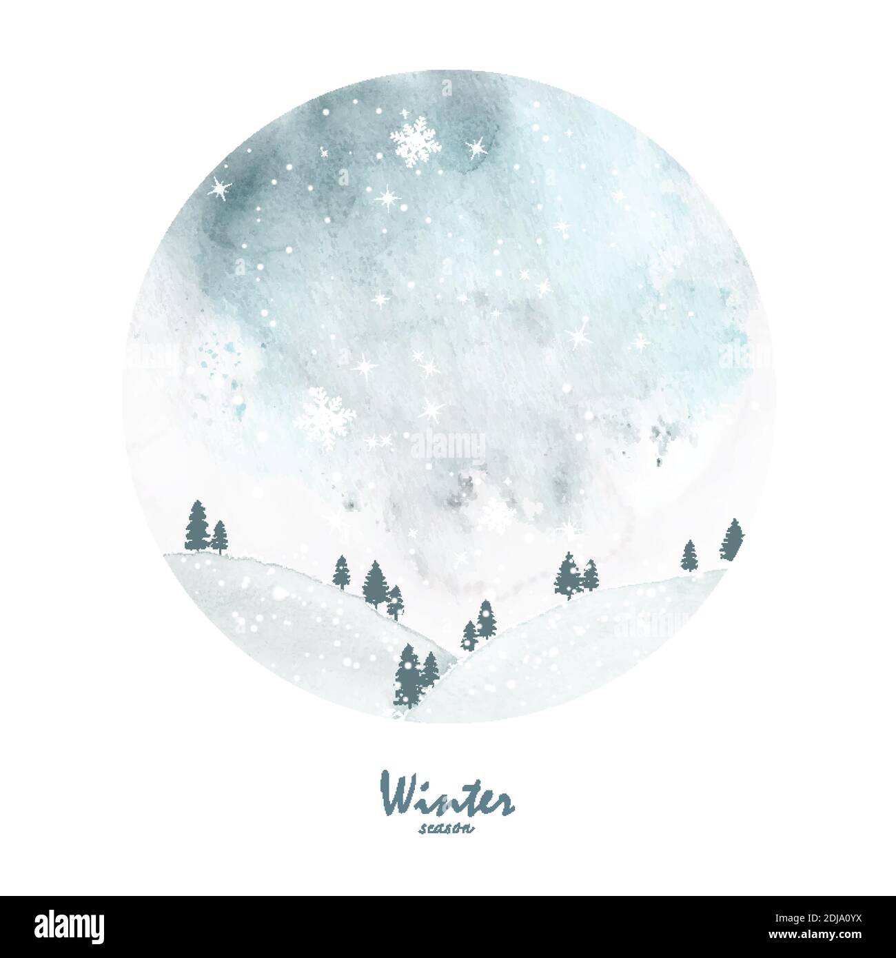 Winter Weihnachtskarte handbemaltes Aquarell. Kiefernwald auf dem Hügel mit Schneeflocken und Schneefällen auf Fleck Aquarell Hintergrund. Stock Vektor