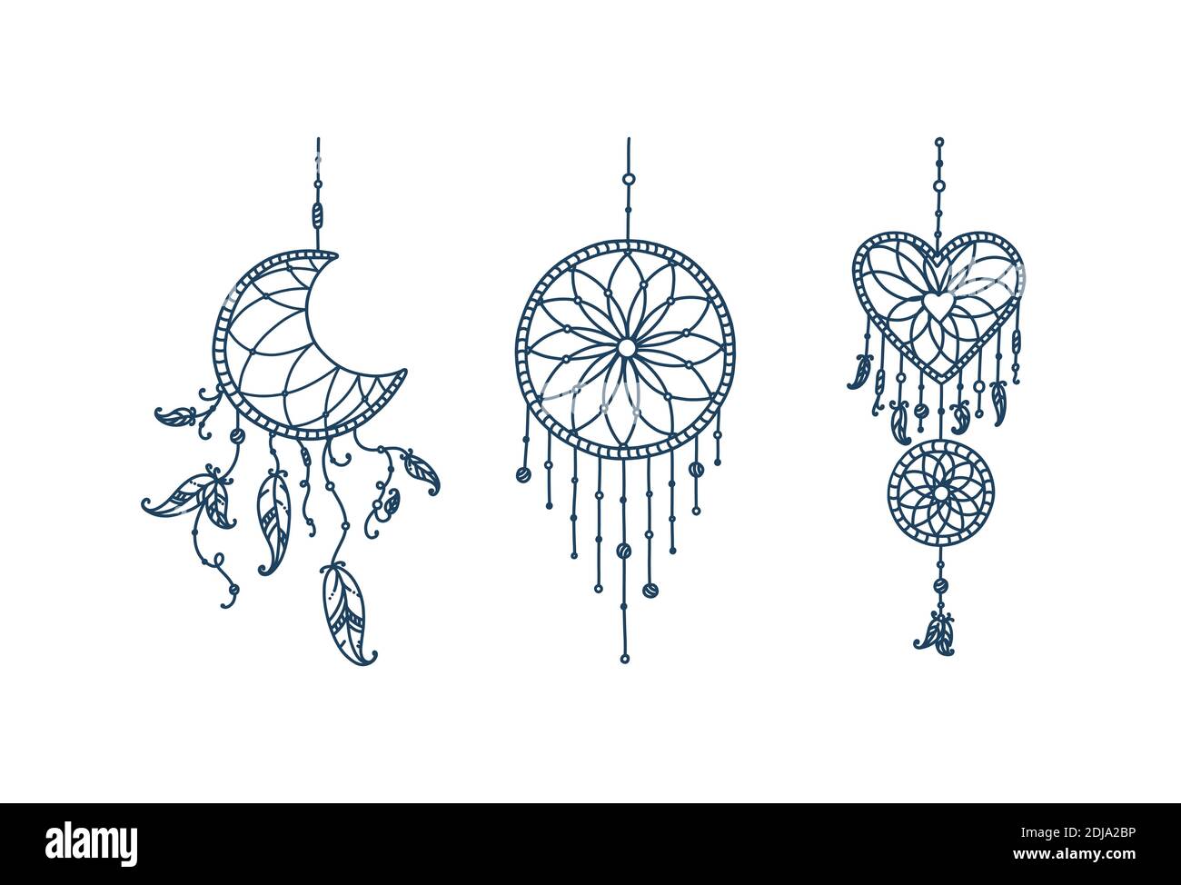 Boho-Traumfänger mit Federn und Pfeil. Doodle-Set von Traumfängern in Form  von Halbmond, Herz und Kreis. Vektorgrafik in Doodle Stock-Vektorgrafik -  Alamy