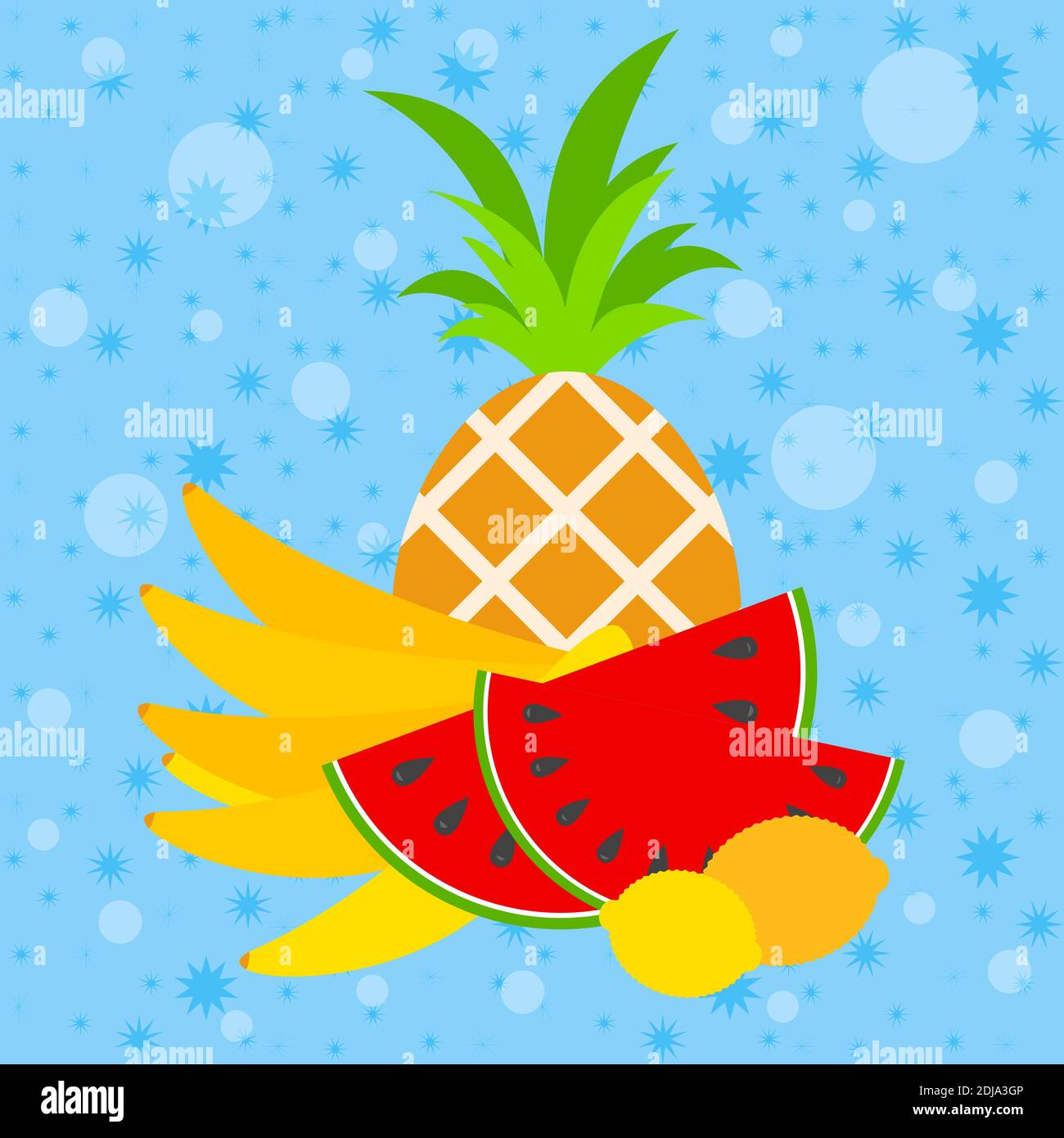 Eine Reihe isolierter appetitlicher Früchte auf blauem Hintergrund. Saftige, helle, köstliche tropische Speisen. Ananas, Banane, Wassermelone, Zitrone Einfach flach vec Stock Vektor