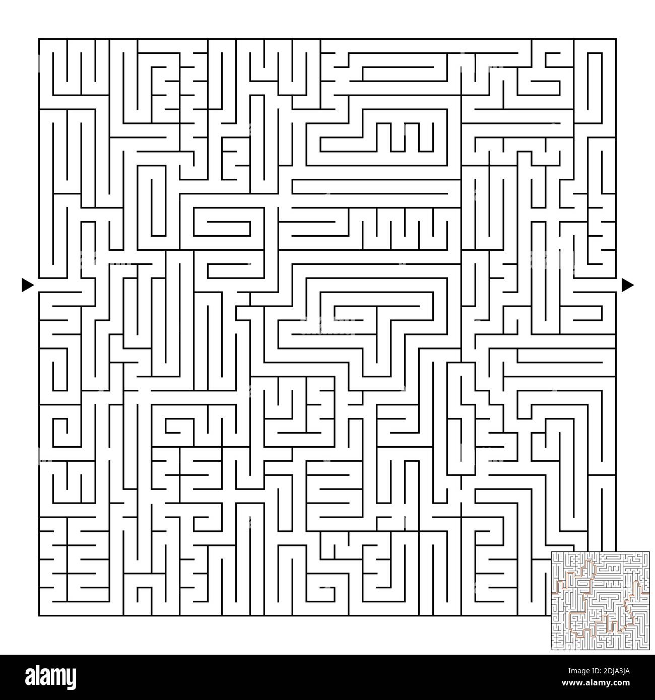 Ein großes quadratisches Labyrinth. Suchen Sie den Weg vom Eingang zum Ausgang. Vektorgrafiken isoliert auf weißem Hintergrund. Mit der Antwort. Stock Vektor