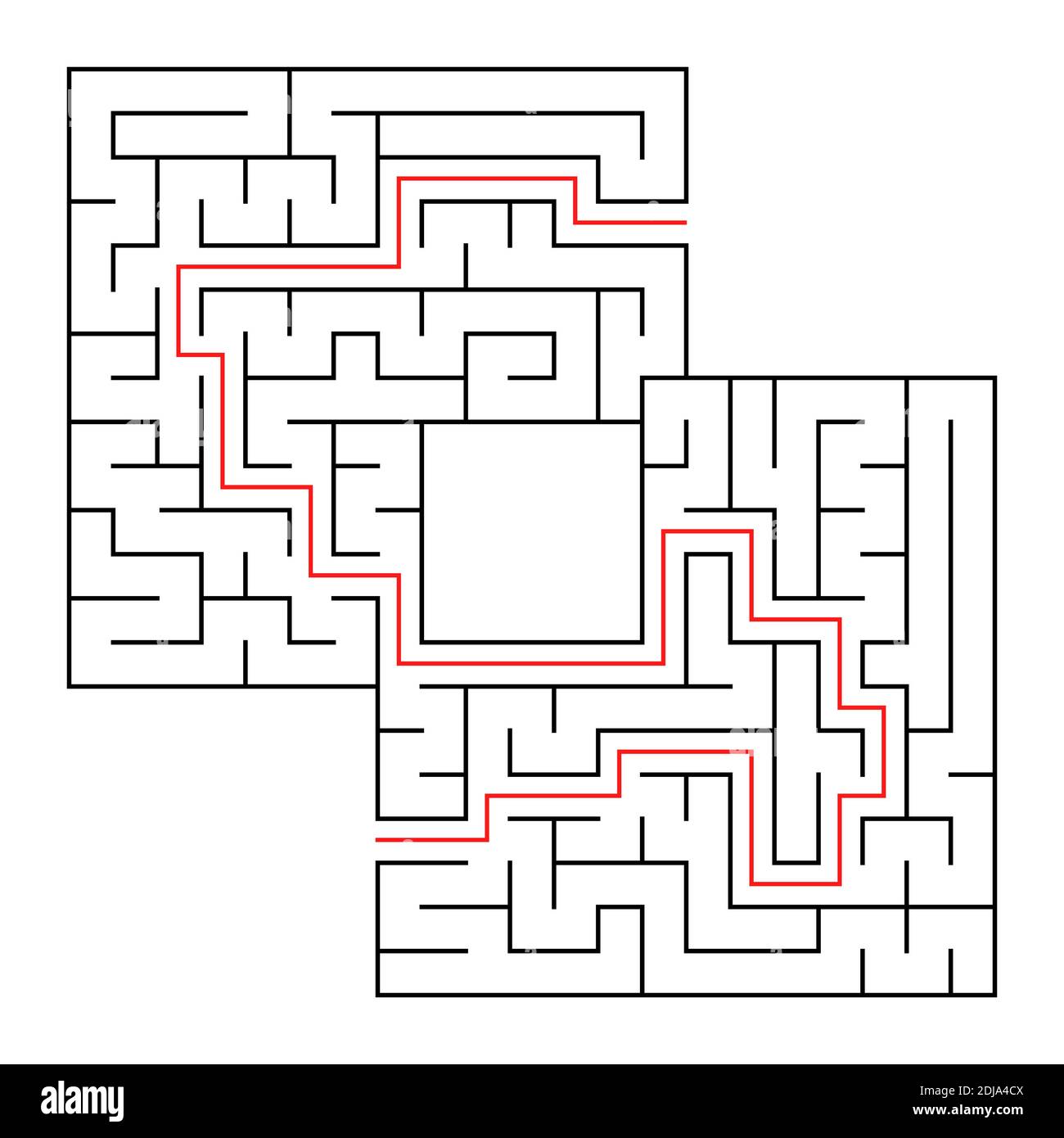 Ein quadratisches Labyrinth mit Eingang und Ausgang. Einfache isolierte Darstellung mit flachem Vektor. Mit einem Platz für Ihre Zeichnungen. Mit der Antwort Stock Vektor