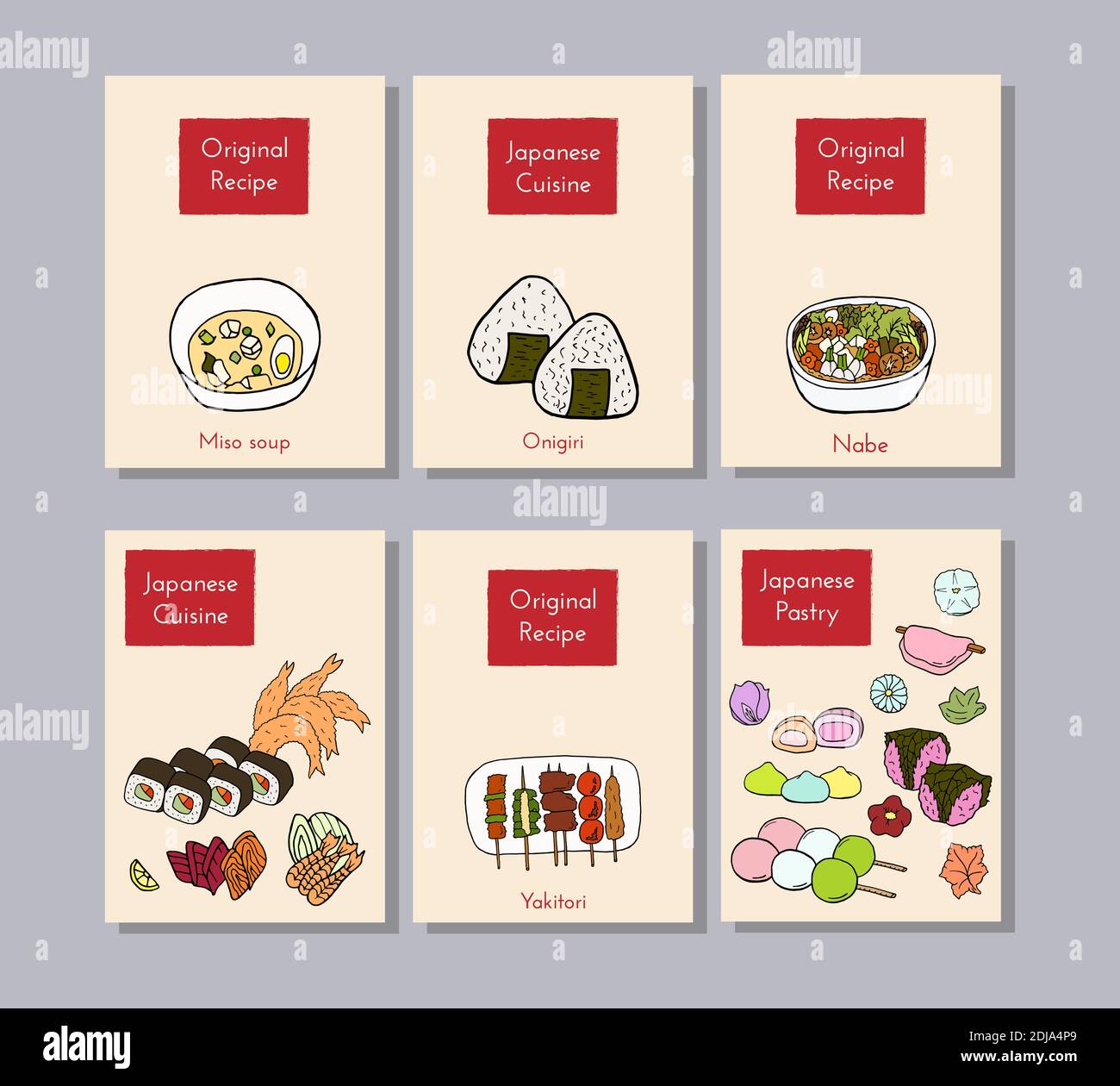 Handgezeichnete Poster mit japanischer Küche mit Yakitori, Tempura, Sushi, Onigiri, Nabe, Sashimi, Miso-Suppe und Desserts. Design Skizzenelement für Männer Stock Vektor