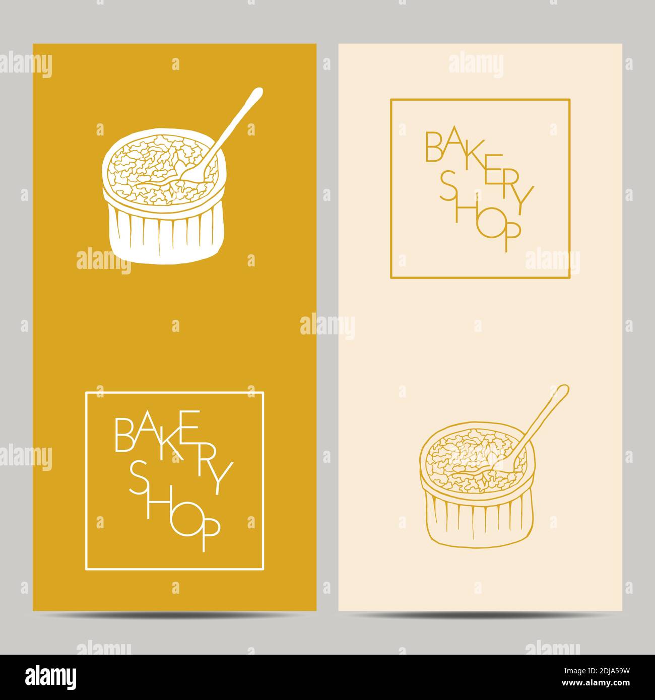 Handgezeichneter Satz von Bäckerei-Shop Poster mit Creme Brulee. Design Skizzenelement für Menü Café, Bistro, Restaurant, Bäckerei und Verpackung. Vektor illustrr Stock Vektor