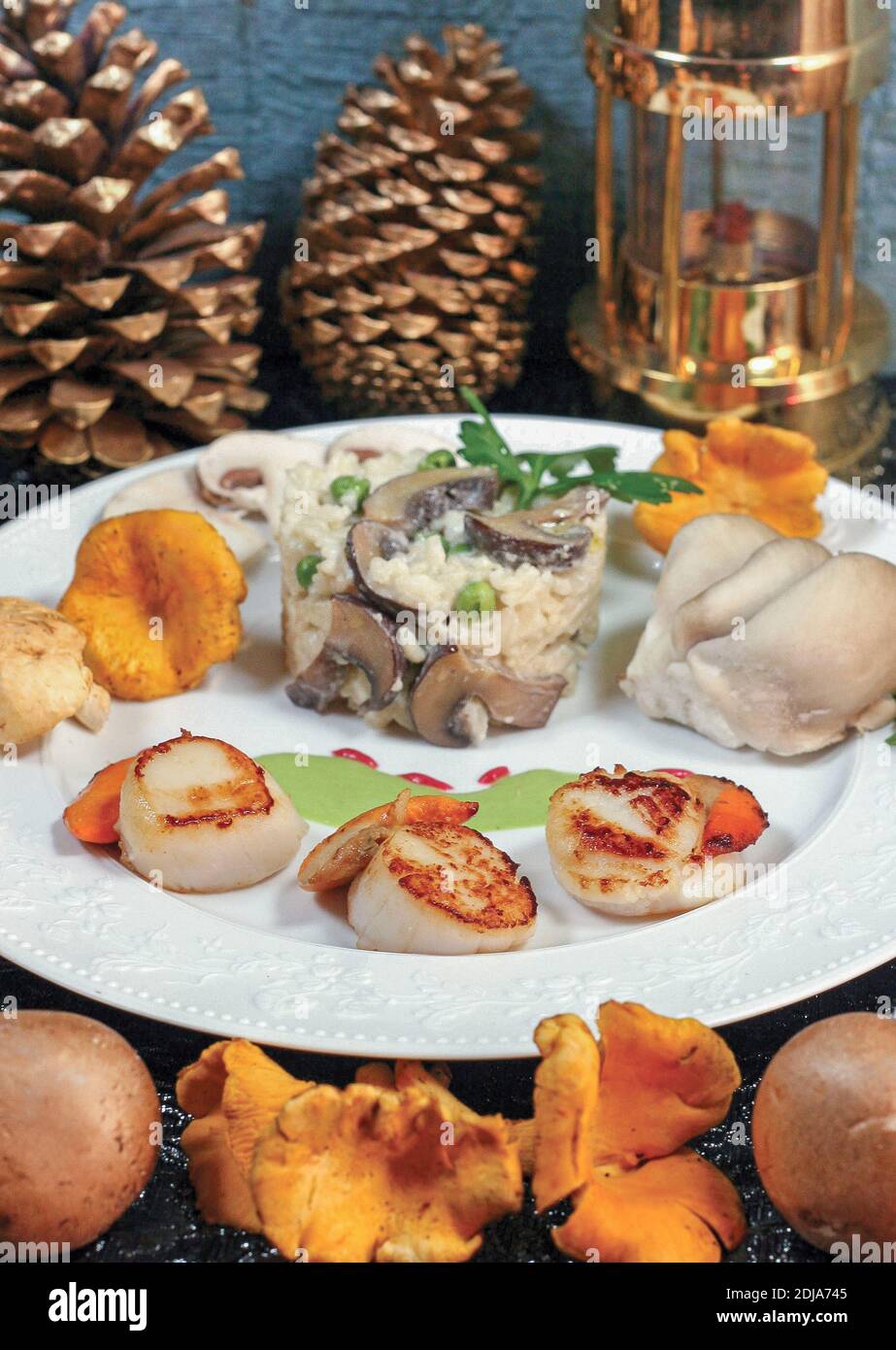 belle Photographie d'un plat de noix de coquilles saint-jacques, Risotto et champignons, dans un décor de fêtes pour illuster une recette de Magazine Stockfoto