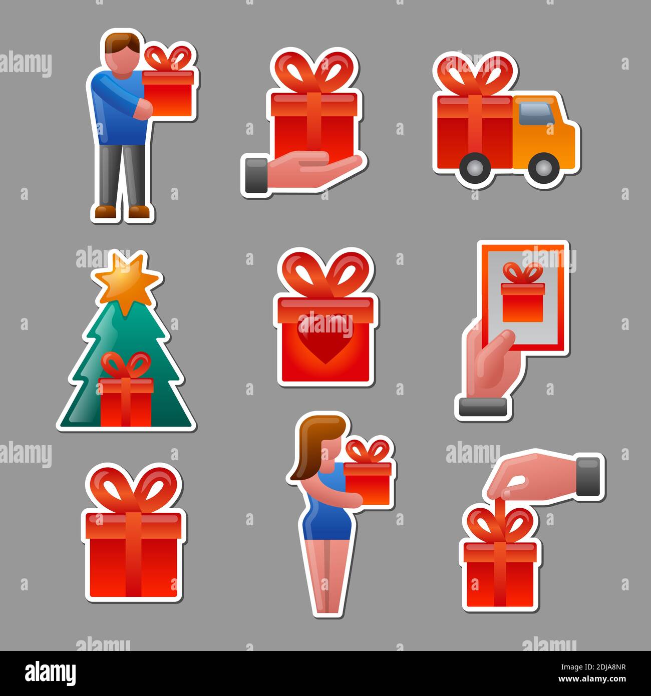 Illustration der Geschenke glänzend bunte Aufkleber und Abzeichen Set Stock Vektor