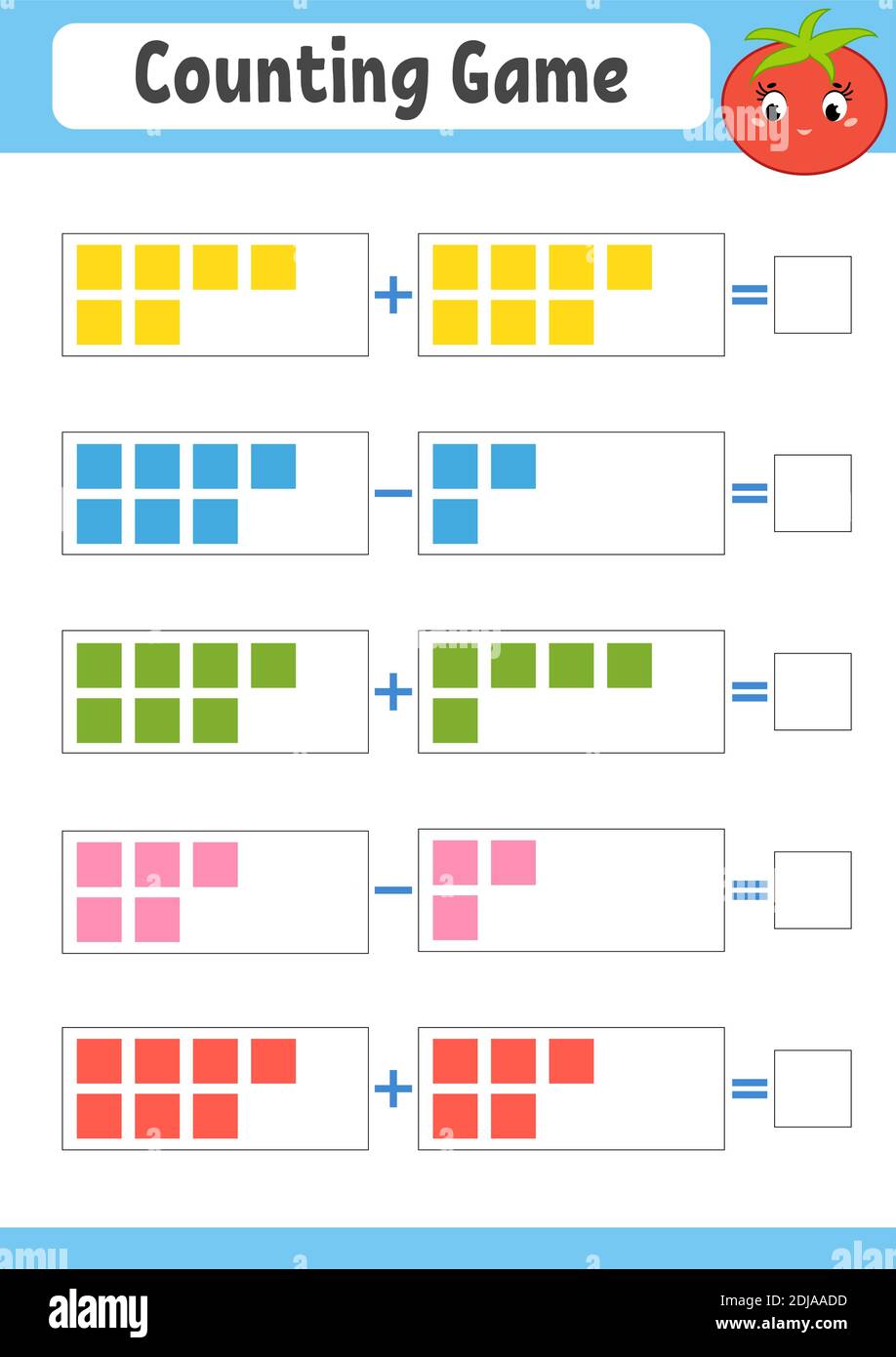 Zählspiel für Kinder. Addition und Subtraktion. Arbeitsblatt "Aktivität". Eine einfache, flache Vektorgrafiken mit niedlichem Charakter. Mit einem Platz für wri Stock Vektor