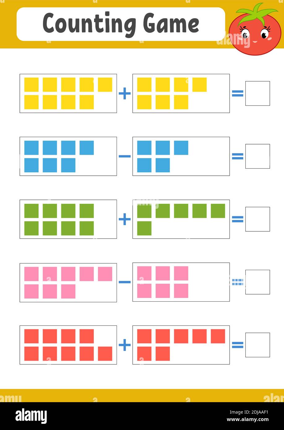 Zählspiel für Kinder. Addition und Subtraktion. Arbeitsblatt "Aktivität". Eine einfache, flache Vektorgrafiken mit niedlichem Charakter. Mit einem Platz für wri Stock Vektor