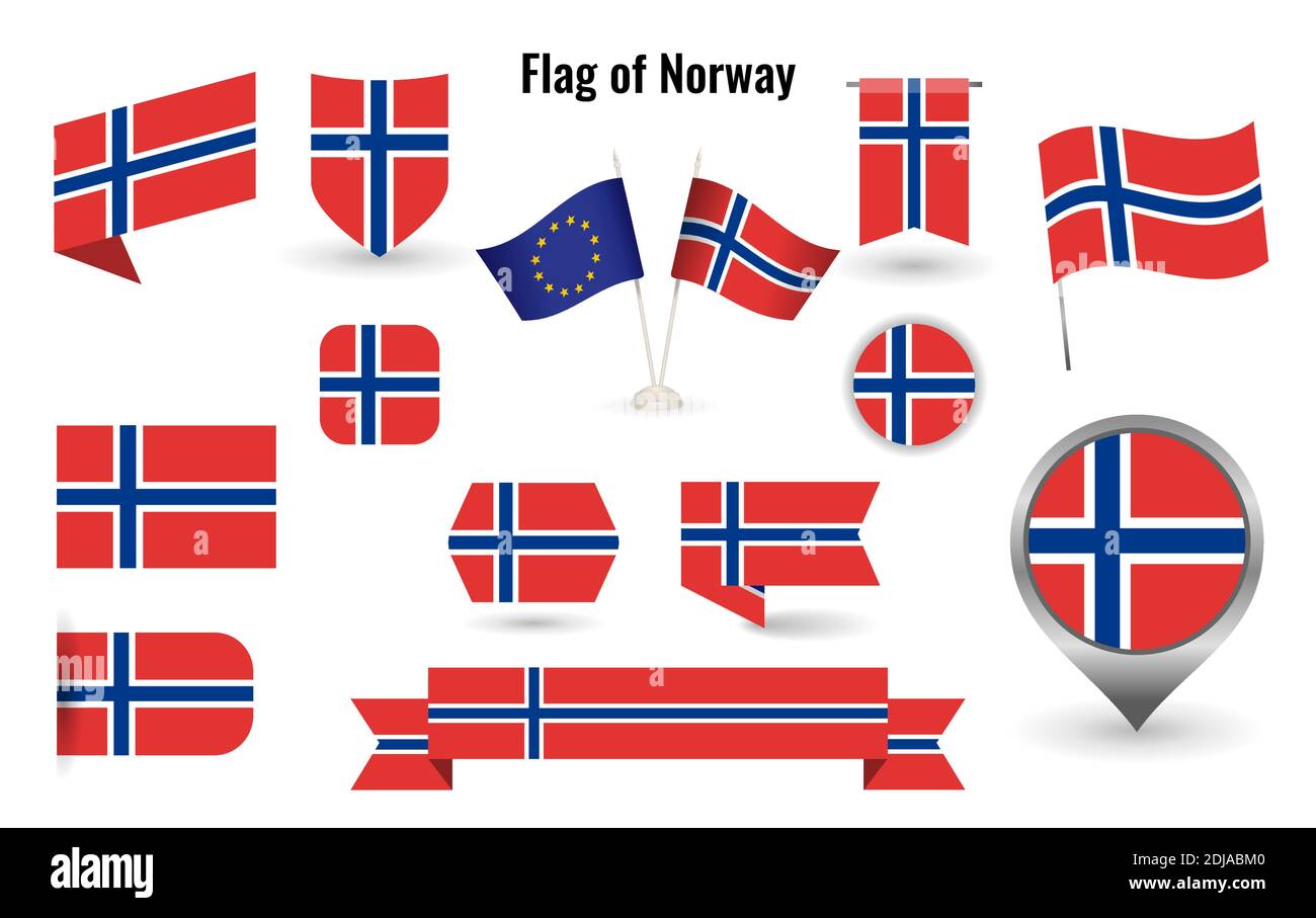 Die Flagge von Norwegen. Große Reihe von Symbolen und Symbolen. Quadratische und runde Norwegen Flagge. Sammlung von verschiedenen Flaggen der horizontalen und vertikalen. vektor-illus Stock Vektor