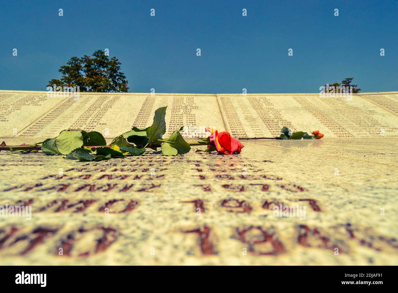 12.08.2018. Srebrenica. Bosnien und Herzegowina. Opfer des Massakers über muslime im Jahr 1995 auf dem Potocari-Denkmal und Friedhof. Namen geschrieben von Stockfoto