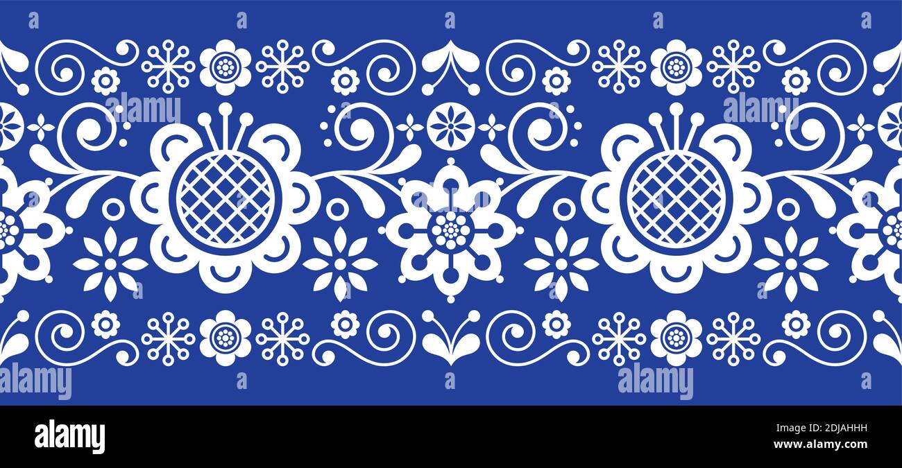 Skandinavische Volkskunst retro Vektor langes Muster, florales Ornament in weiß auf navy blau - nahtloser Streifenstreifen Stock Vektor