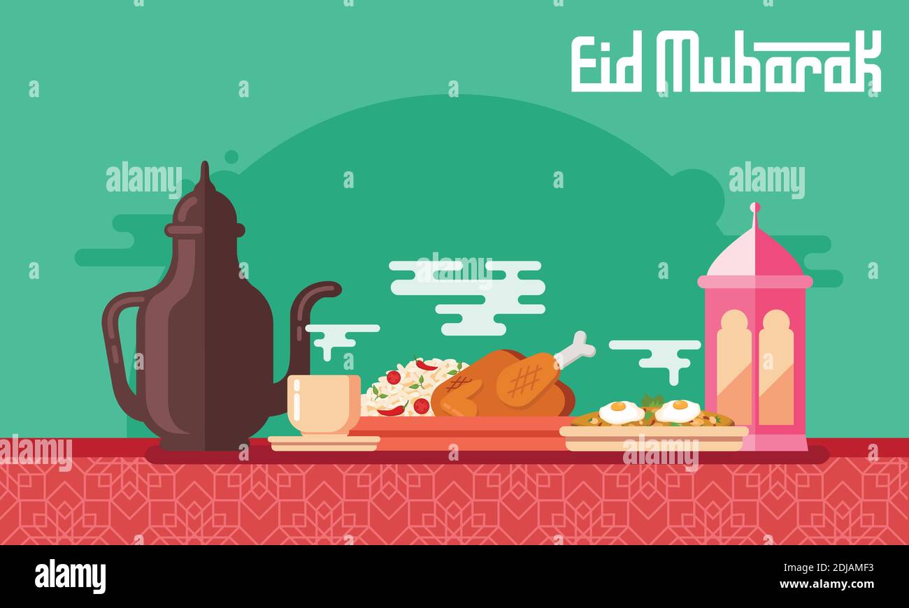 Eid Mubarak Grußkarte im flachen Stil Vektor-Illustration mit arabischer Kaffeekanne und Tasse, Kabsa, Shakshuka und Laterne Stock Vektor