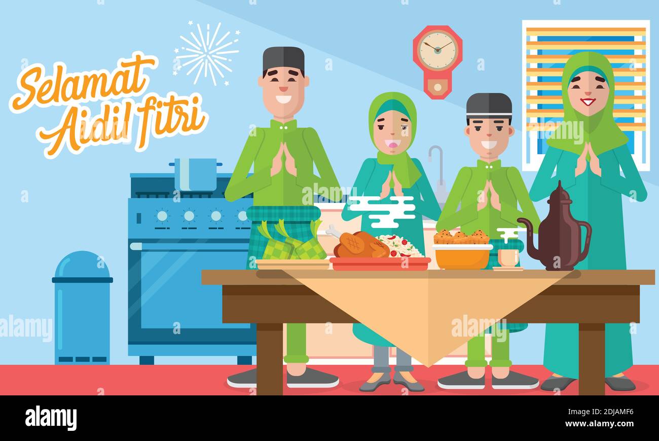 Selamat hari raya aidil fitri Grußkarte im flachen Stil Vektor-Illustration mit moslemischen Familienfeste, reichlich Essen, Desserts und Reisknödel/ke Stock Vektor