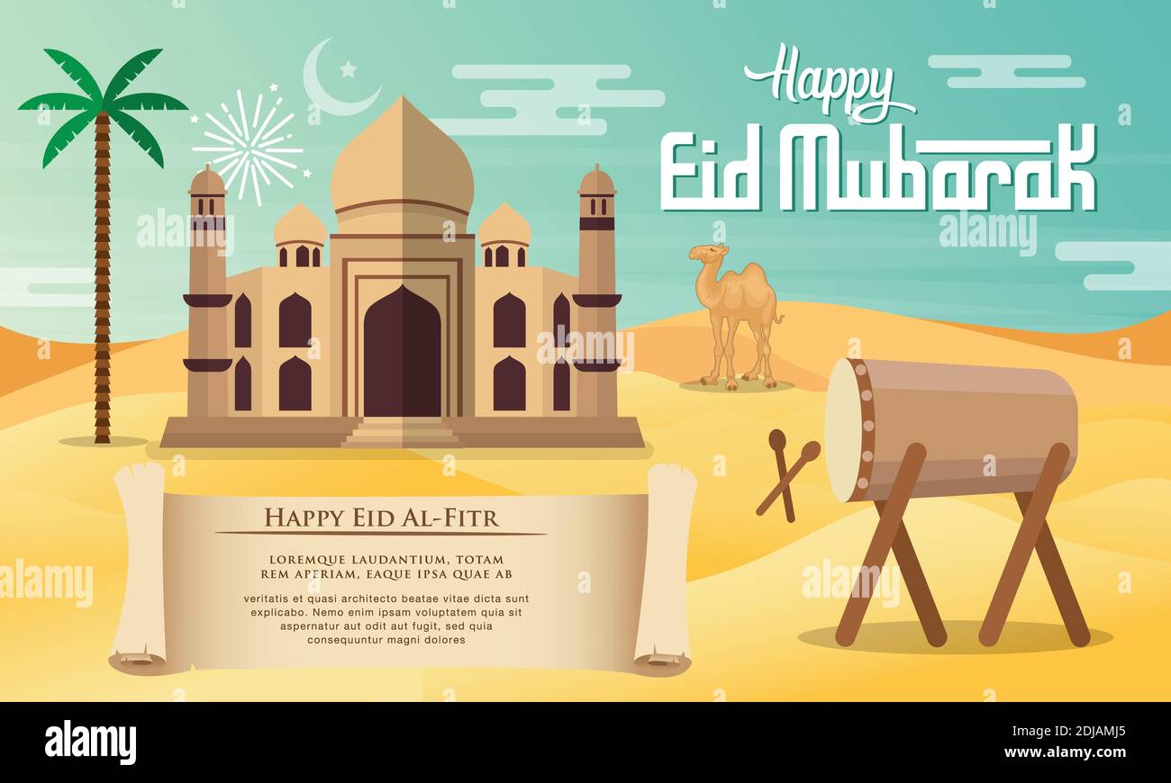 Eid Mubarak Grußkarte im flachen Stil Vektor-Illustration mit Moschee, Palmen, Kamel, Trommel und Wüste Hintergrund. Stock Vektor