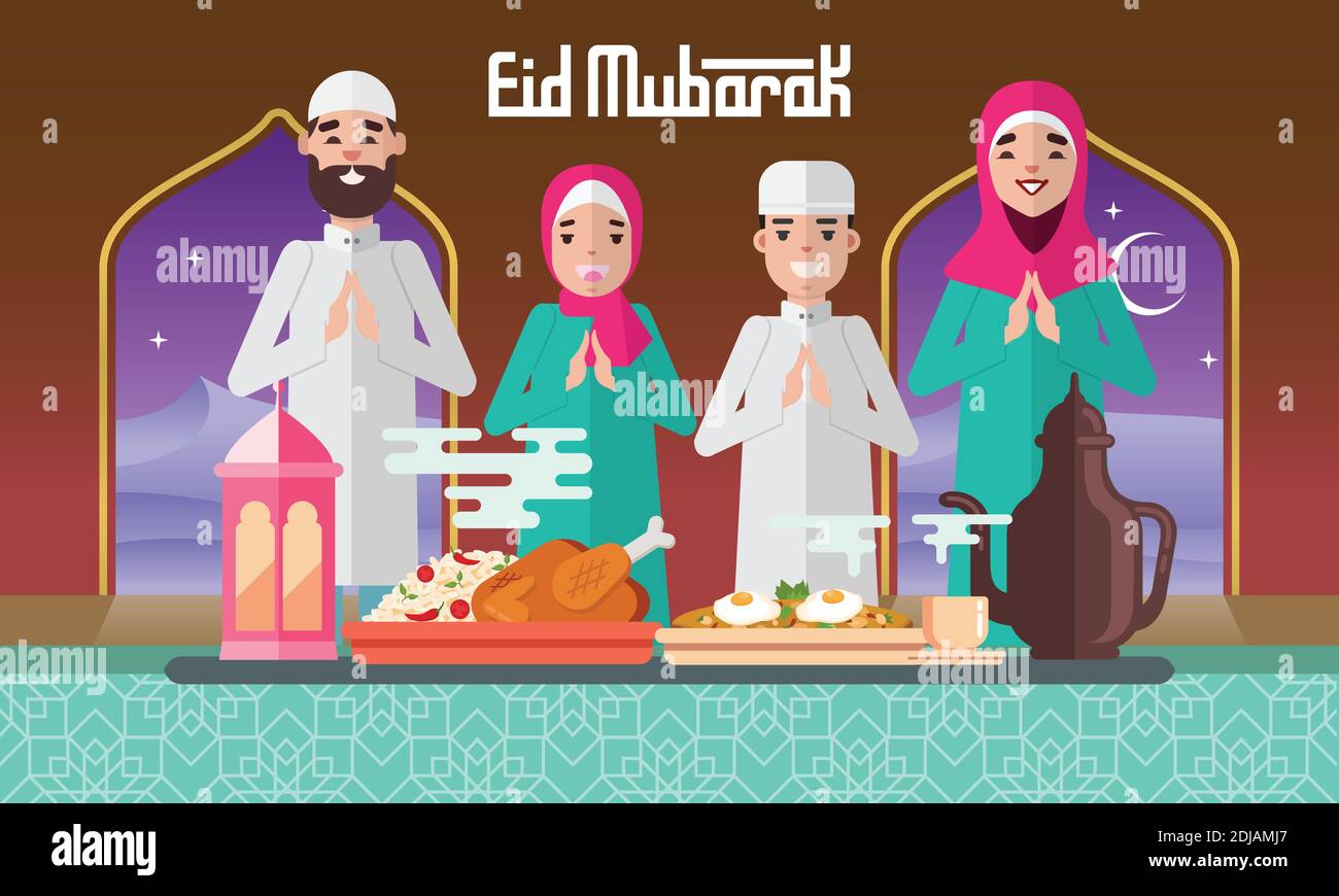 Eid Mubarak Grußkarte im flachen Stil Vektor-Illustration mit moslemischen Familienfeste, reichlich Nahrung und Laterne. vektor-Illustration für Eid Greetin Stock Vektor