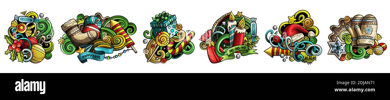 Neujahr Cartoon Raster Doodle Designs Set. Farbenfrohe, detailreiche Kompositionen mit vielen Urlaubsobjekten und Symbolen. Frohe Weihnachten Banner Stockfoto