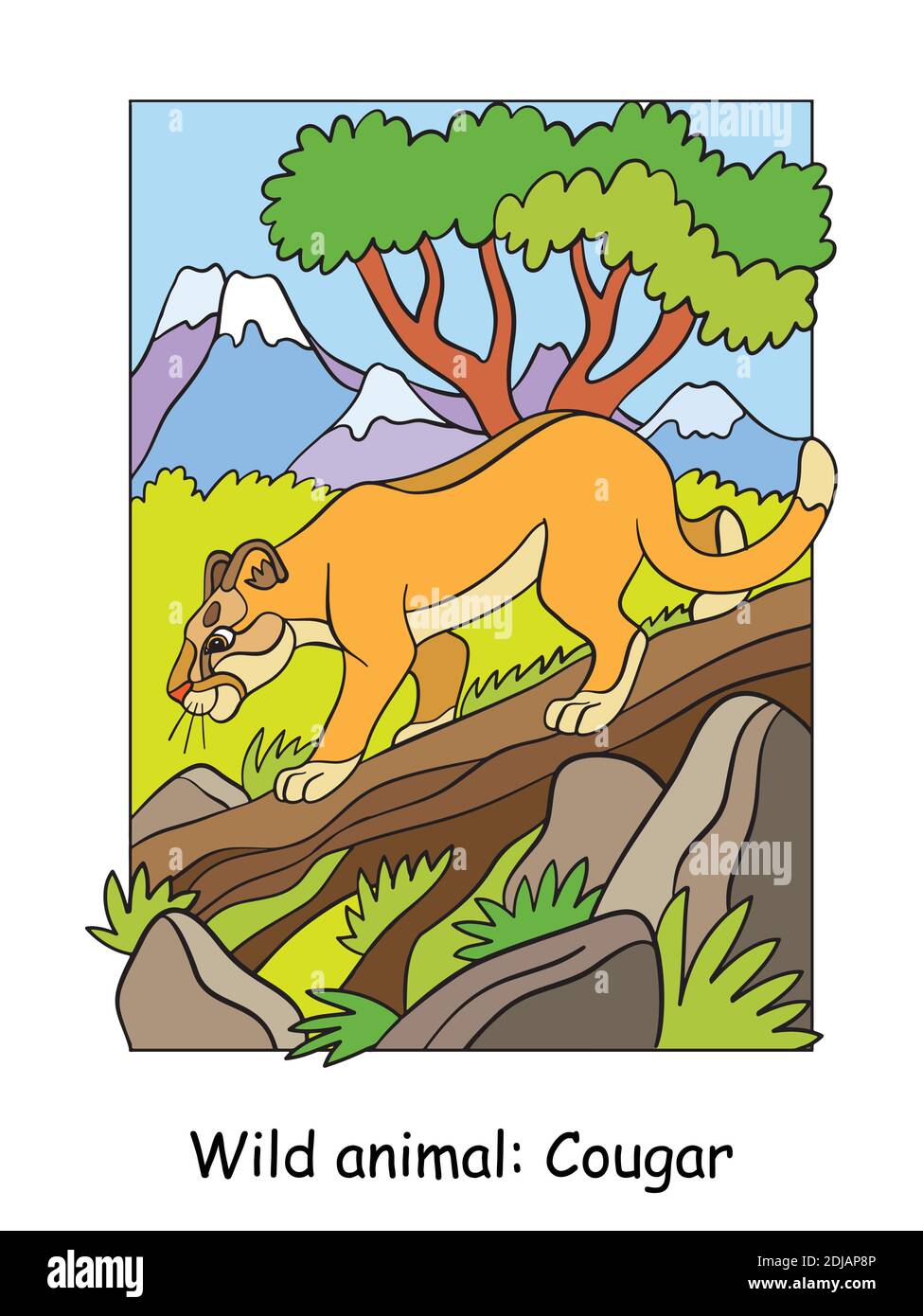 Vektor bunte Illustration mit niedlichen Puma zu Fuß auf einem Baum in Berggebiet. Cartoon-Konturdarstellung. Stock Illustration für Malbuch, Stock Vektor