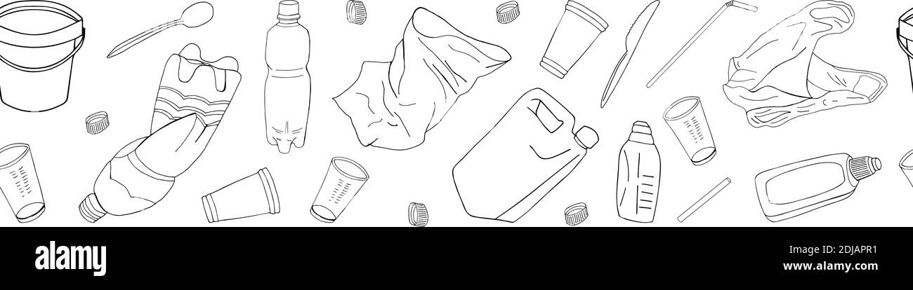 Kunststoff Müll nahtlose Muster schwarze Umrisse isoliert auf weißem Hintergrund. Die Probleme bei der Entsorgung chemischer Abfälle. Stock Vektor