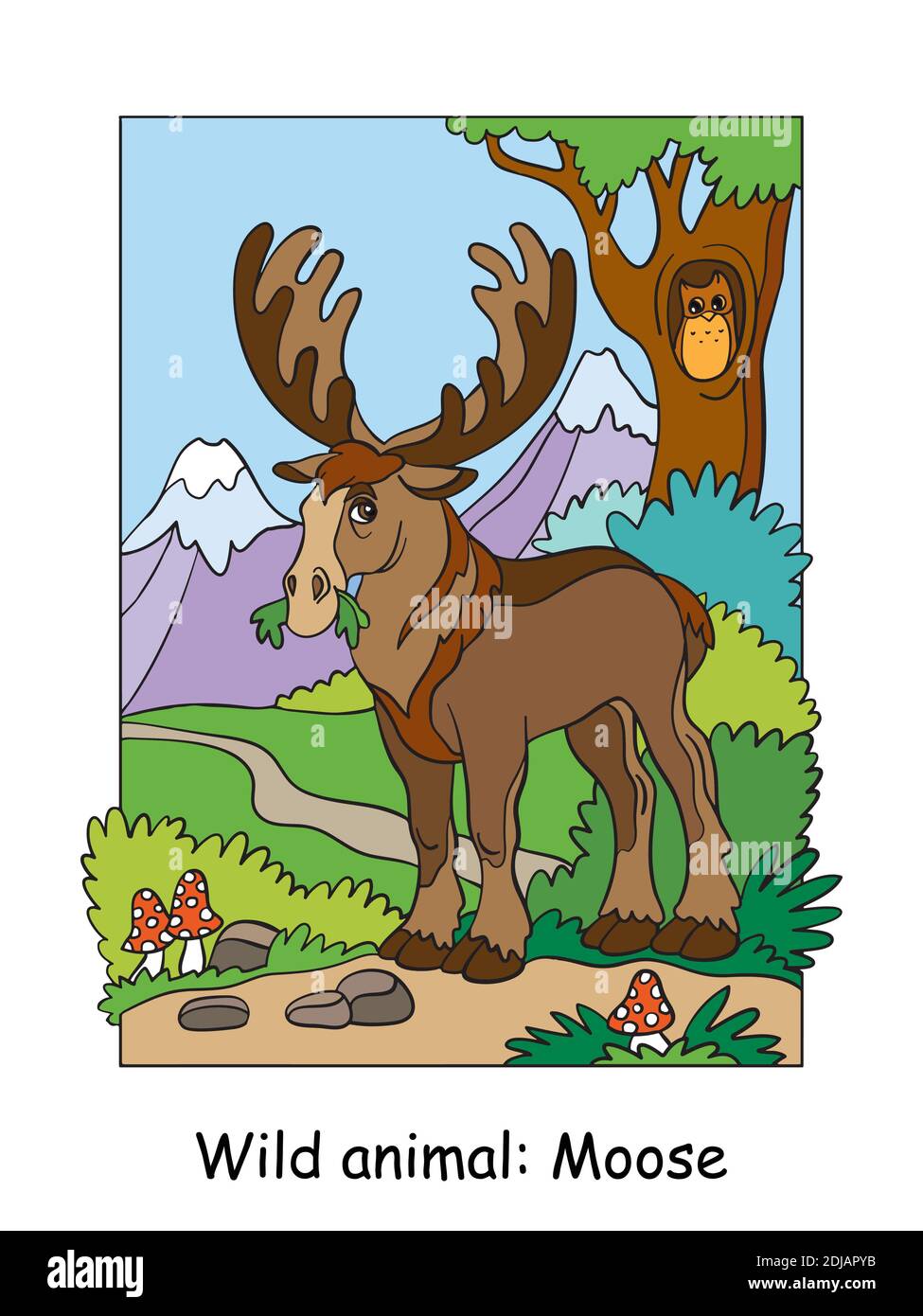 Vektor bunte Illustration mit niedlichen Elch in Berggebiet. Karikatur Kontur Illustration isoliert auf weißem Hintergrund. Stock Illustration für Farbe Stock Vektor