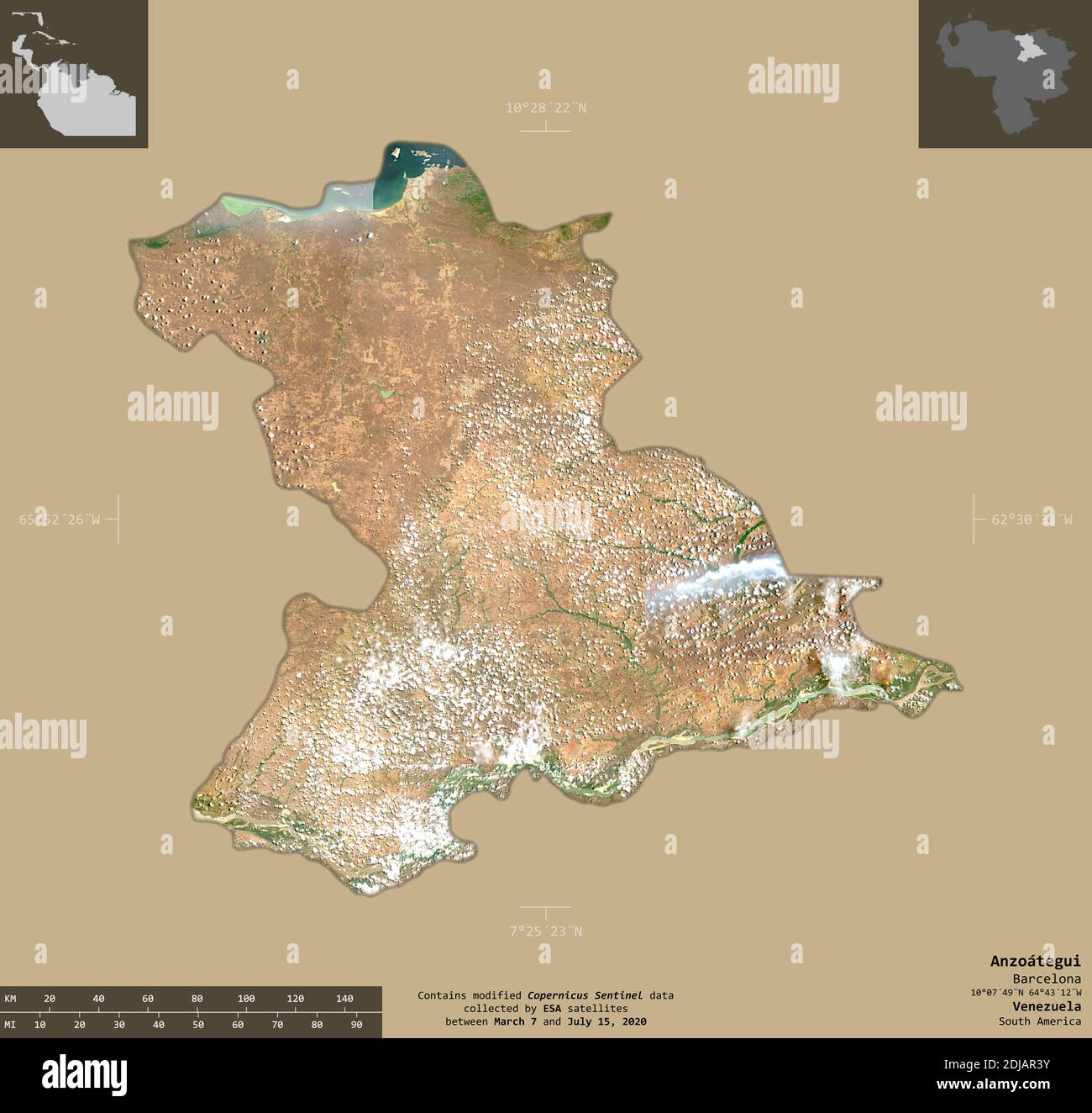 Anzoategui, Staat Venezuela. Sentinel-2 Satellitenbilder. Form isoliert auf durchgehenden Hintergrund mit informativen Überlagerungen. Enthält modifiziertes Copernic Stockfoto