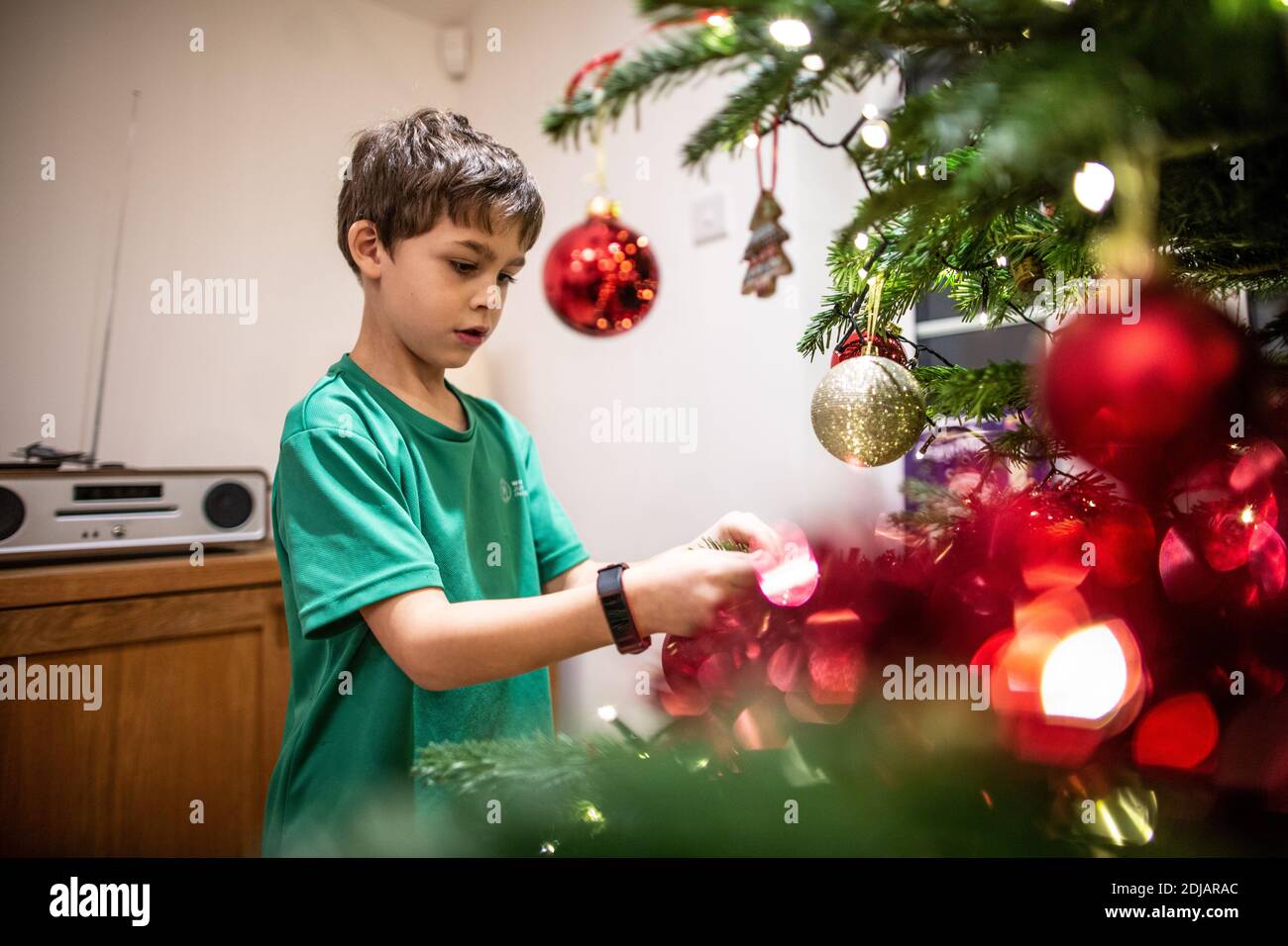 Familie zu Hause dekorieren ihren Weihnachtsbaum vor der Weihnachtszeit, Großbritannien Stockfoto