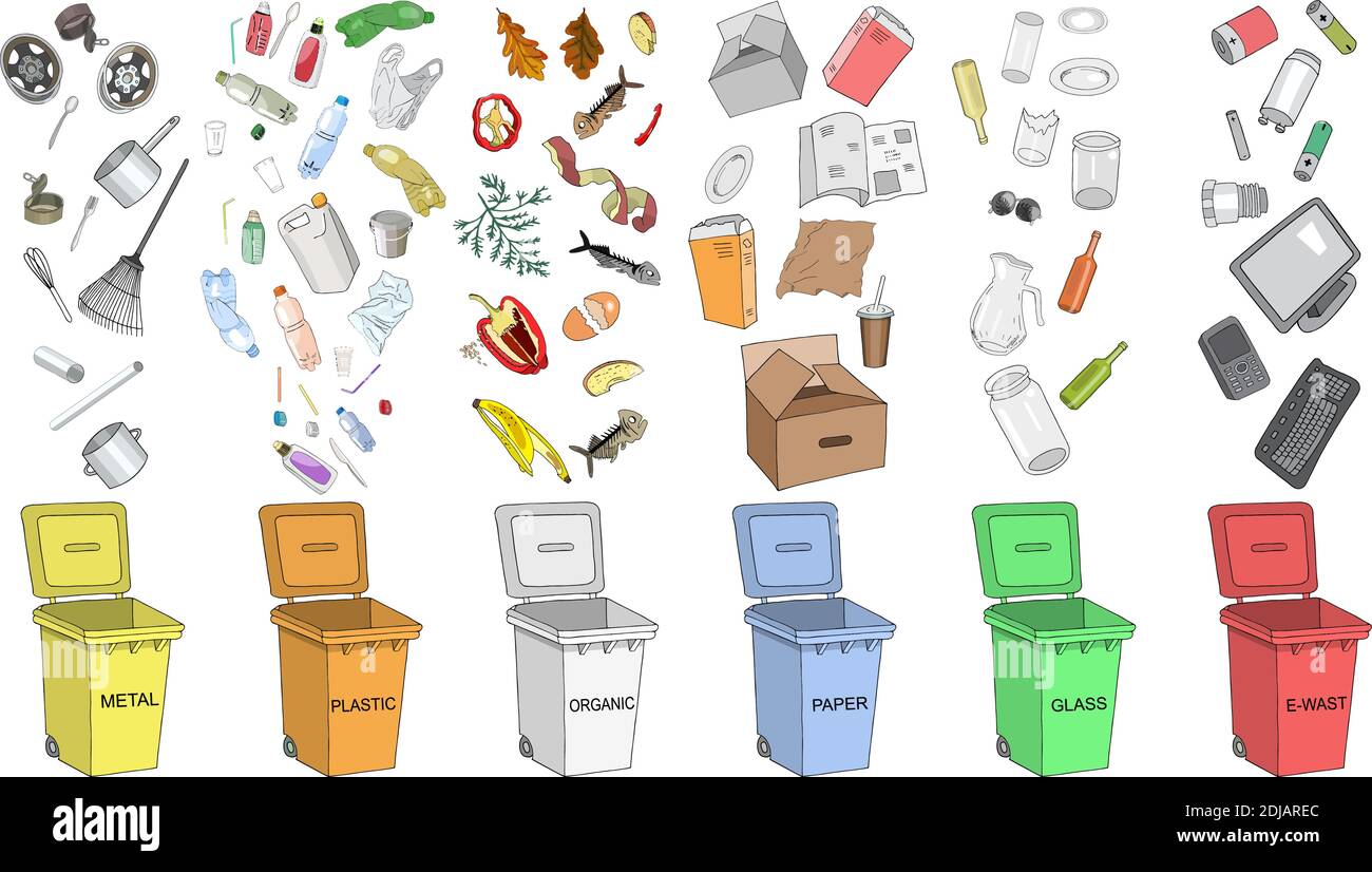 Mülleimer mit sortiertem Müll. Verschiedene Arten von Müll - organisch,  Kunststoff, Metall, Papier, Glas, E-Abfall. Vektor Hand zeichnen Sammlung  von colorf Stock-Vektorgrafik - Alamy