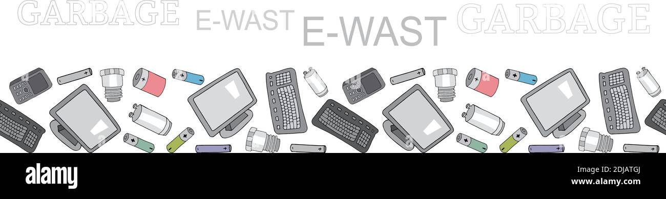 Nahtlose Grenze mit sortierten elektronischen Abfall Müll isoliert auf weiß. Vektormuster. Handzeichnen Sammlung von Müll. Stock Vektor