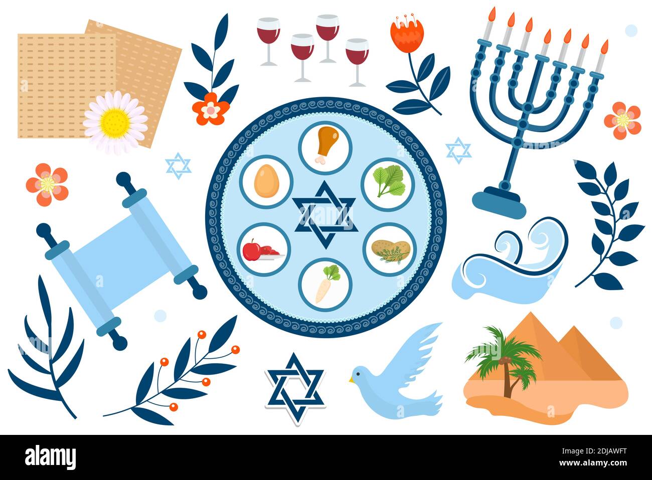 Passah Icons Set. Flach, Cartoon-Stil. Jüdischer Feiertag des Exodus Ägypten. Sammlung mit Sederplatte, Mahlzeit, Matzah, Wein, Torus, Pyramide. Isoliert ein Stock Vektor