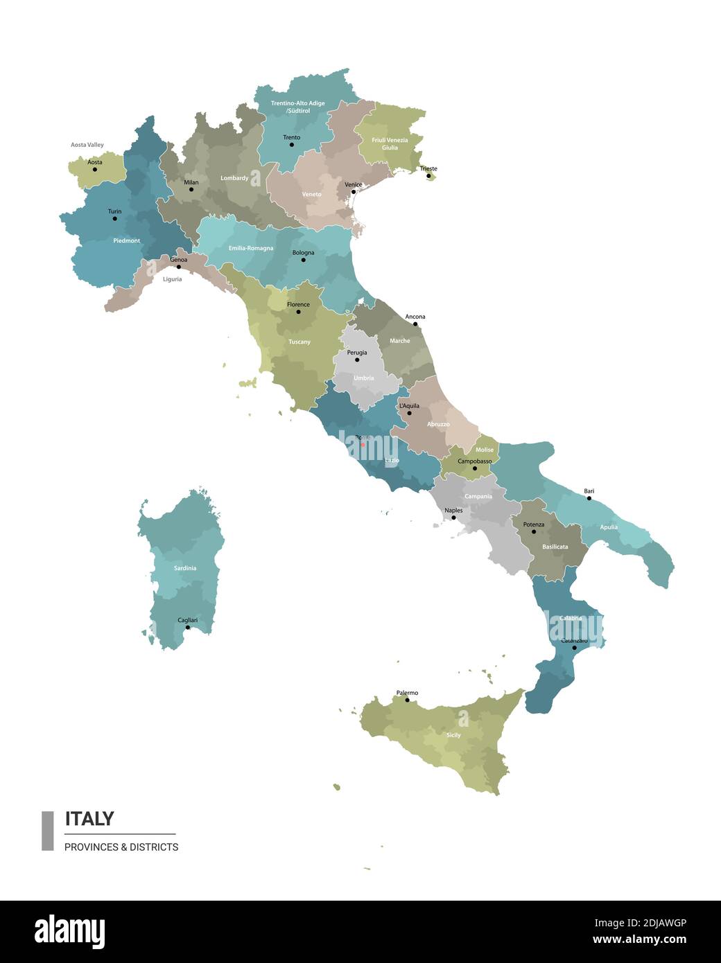 Italien Higt Detailkarte mit Unterteilungen. Verwaltungskarte von Italien mit Bezirken und Stadtnamen, farbig nach Bundesstaaten und Verwaltungsbezirken. Stock Vektor