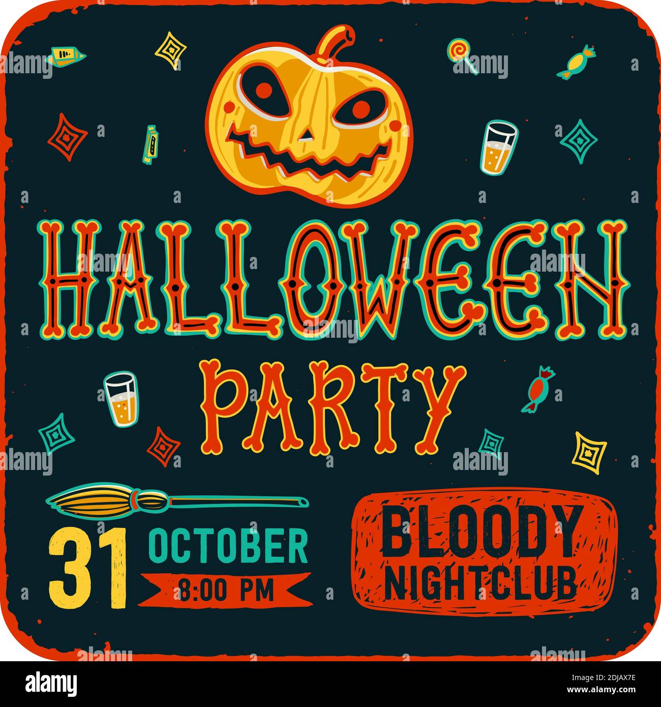 Einladung zur Halloween-Nacht-Party. Vintage-Karte mit Kürbissen auf dunklem Hintergrund. Vektorvorlage. Halloween Party Einladungskarte. Halloween Flyer Stock Vektor