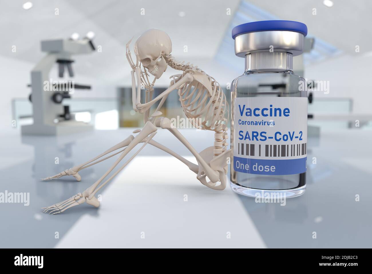Humanes Skelett und Covid 19 Coronavirus-Impfstoff. Konzeptionelles Bild von gefährlichen Nebenwirkungen der Impfung oder sehr lange Wartezeit für die Impfung. Stockfoto
