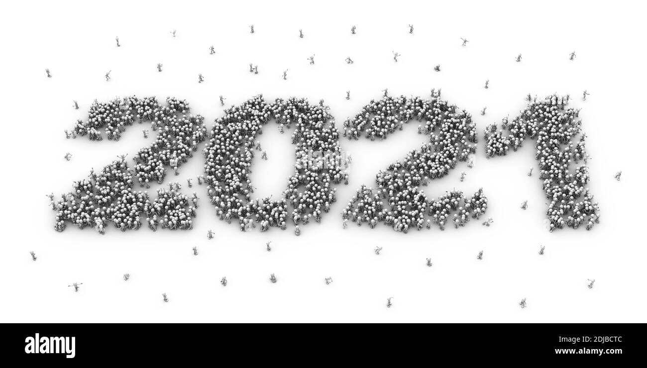 Eine Menschenmenge versammelte sich in Form einer 2021. 3d-Rendering Stockfoto
