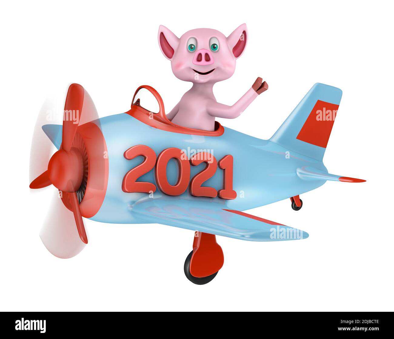 Ferkel in einem Flugzeug mit einer Aufschrift 2021 auf weißem Hintergrund. 3D-Rendering. Stockfoto