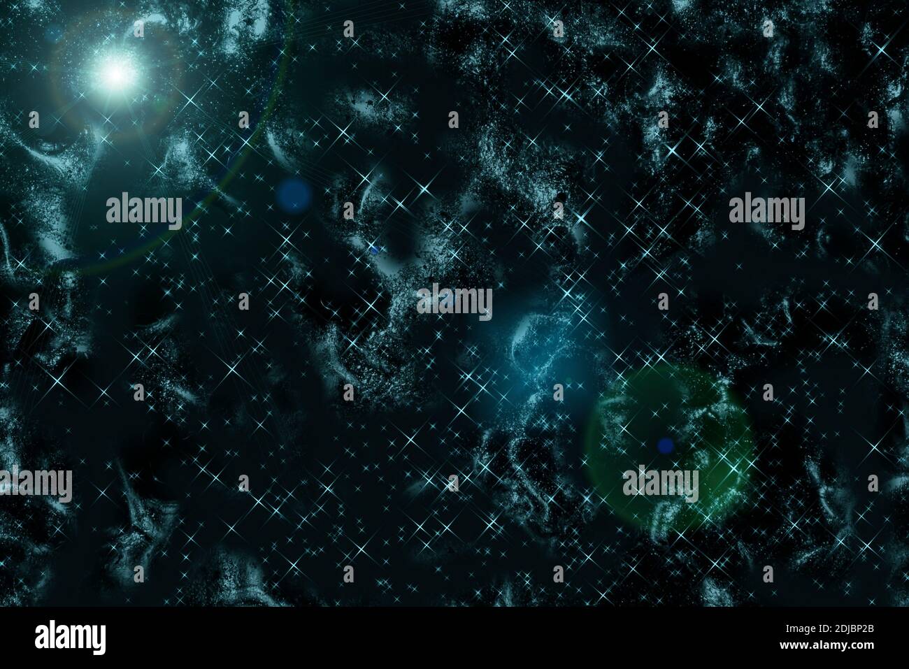 Abstrakter Raumhintergrund mit Sternen, Nebel und Wolkenformationen im tiefen Raum Stockfoto