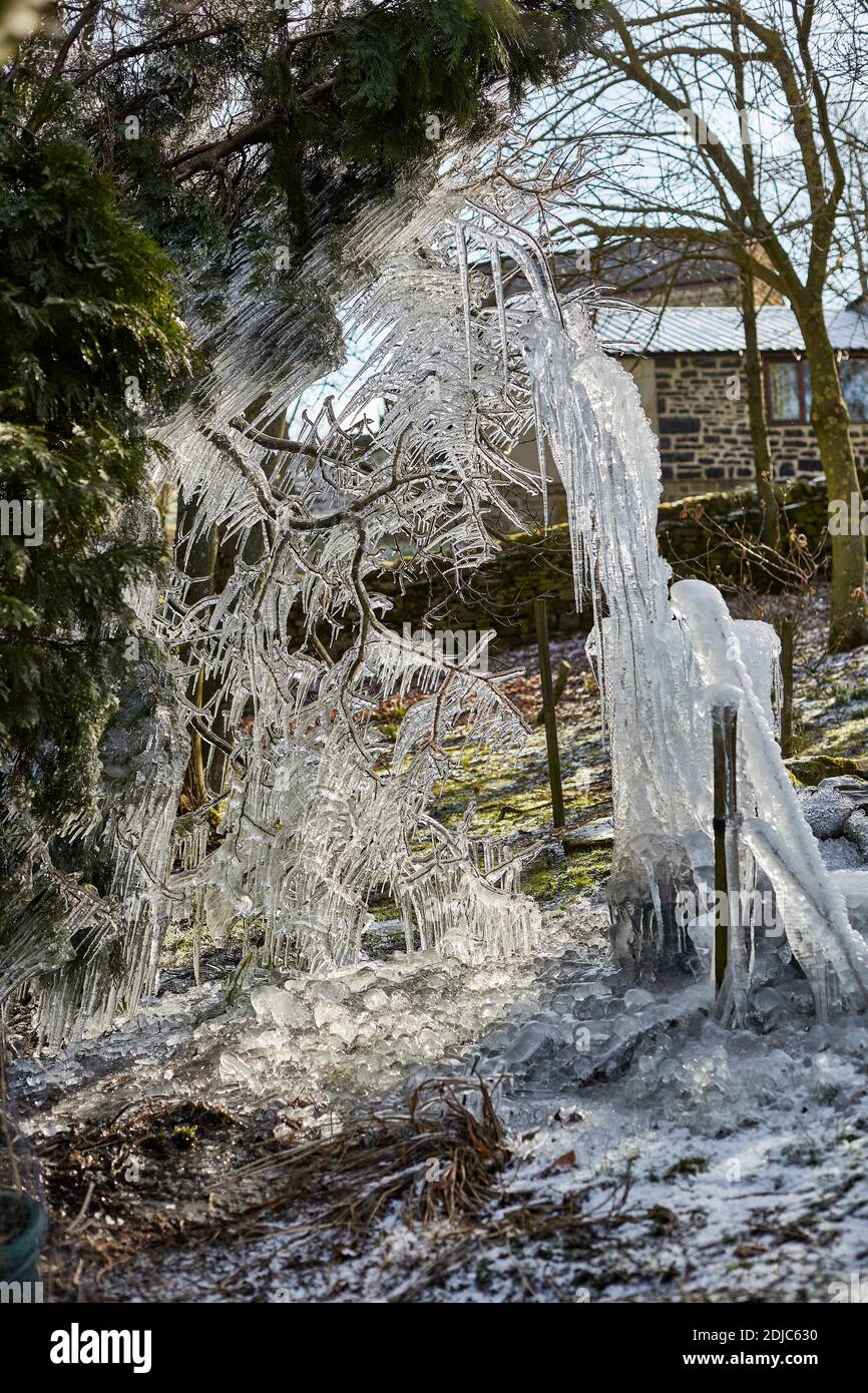 Winter formt einen Eiskäfig um einen Duckteichbrunnen Stockfoto