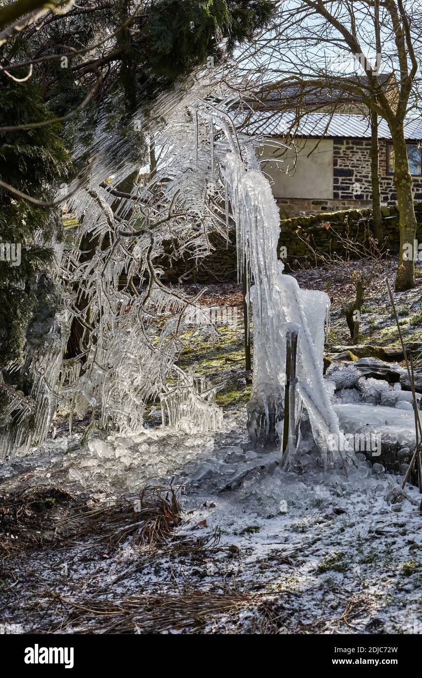 Winter formt einen Eiskäfig um einen Duckteichbrunnen Stockfoto