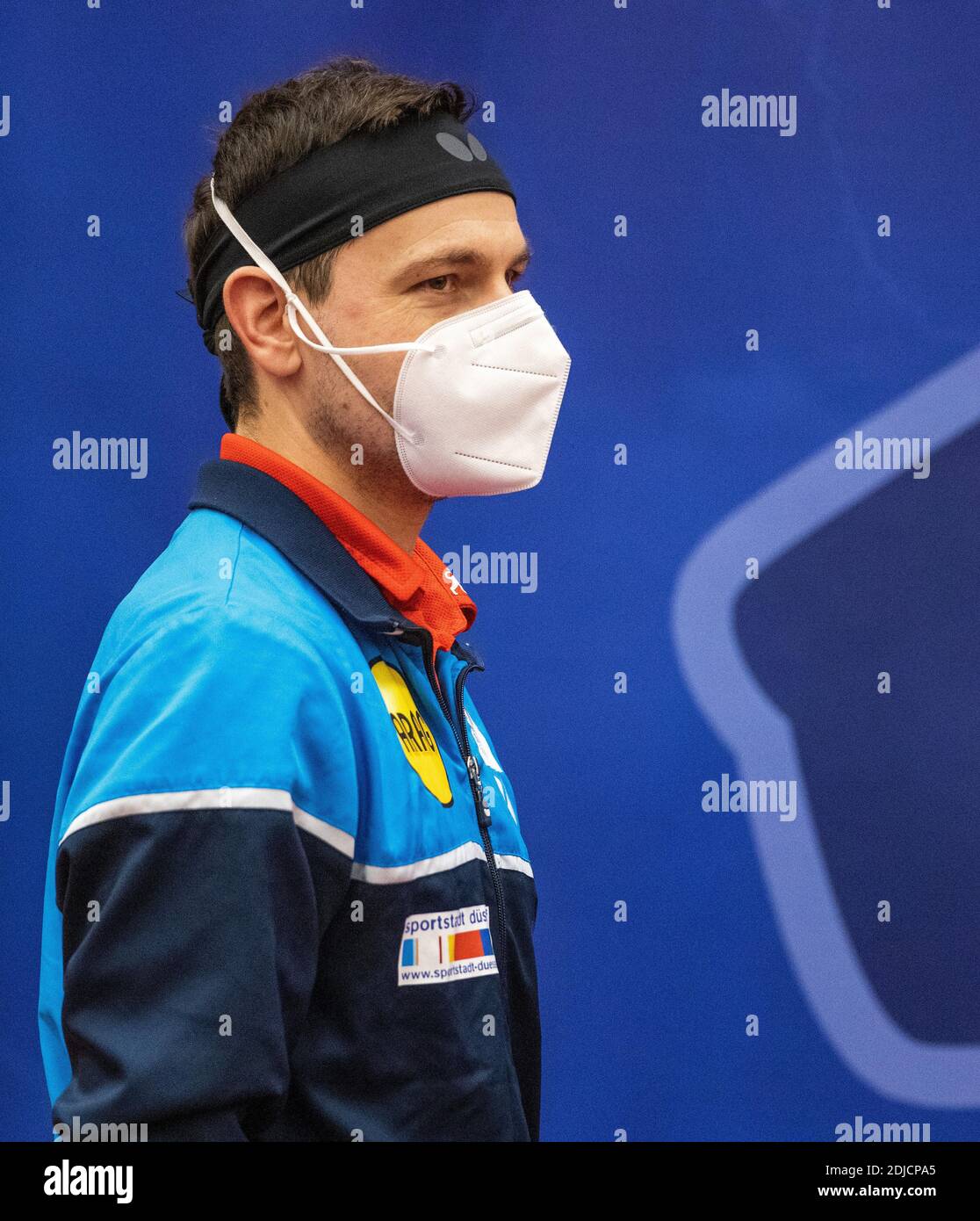 Timo Boll (Düsseldorf) mit Mund-Nasen-Schutz während der Champions-League-Bubble in Düsseldorf Borussia Düsseldorf 12.12.2020, Tischtennis, Champions, Stockfoto