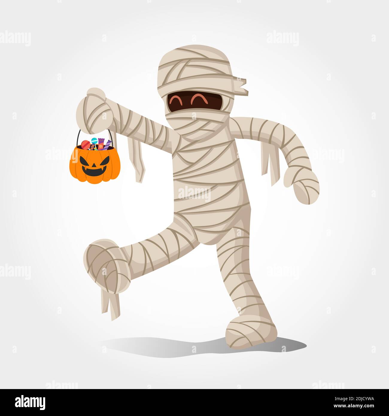 Niedlicher Cartoon Junge im Mumienkostüm mit Kürbisbeutel Für Süßigkeiten Trick or Treat isoliert auf weißem Hintergrund Stock Vektor