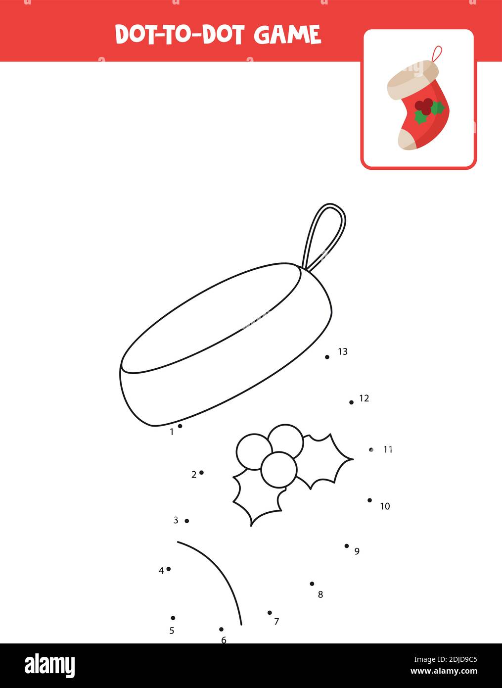 Dot to dot Spiel mit Weihnachtssocke. Verbinden Sie die Punkte. Mathe-Spiel. Punkt- und Farbbild. Stock Vektor