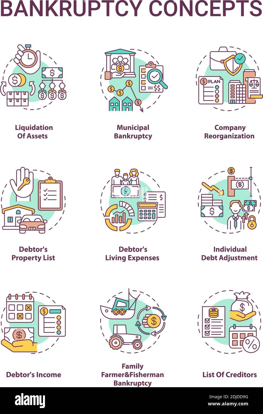 Konkurs Konzept Symbole gesetzt Stock Vektor