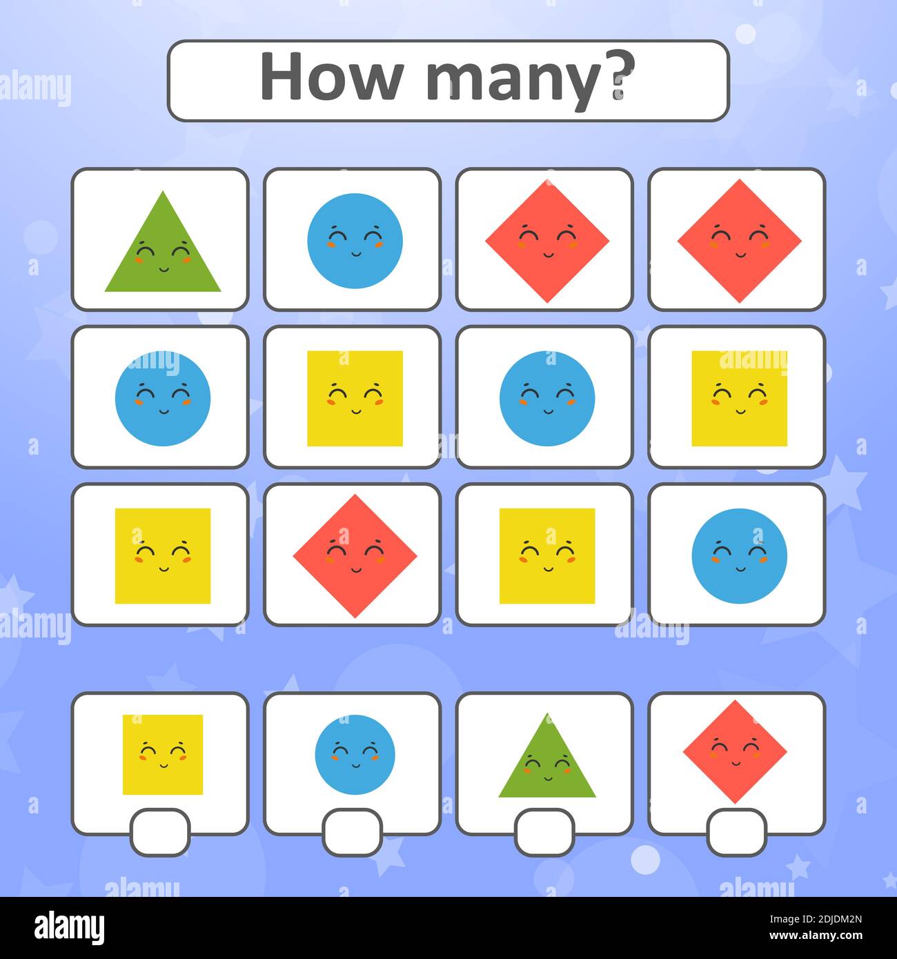 Spiel für Vorschulkinder. Zählen Sie so viele geometrische Formen im Bild, und notieren Sie das Ergebnis. Mit einem Ort für Antworten. Einfach flach isoliert V Stock Vektor
