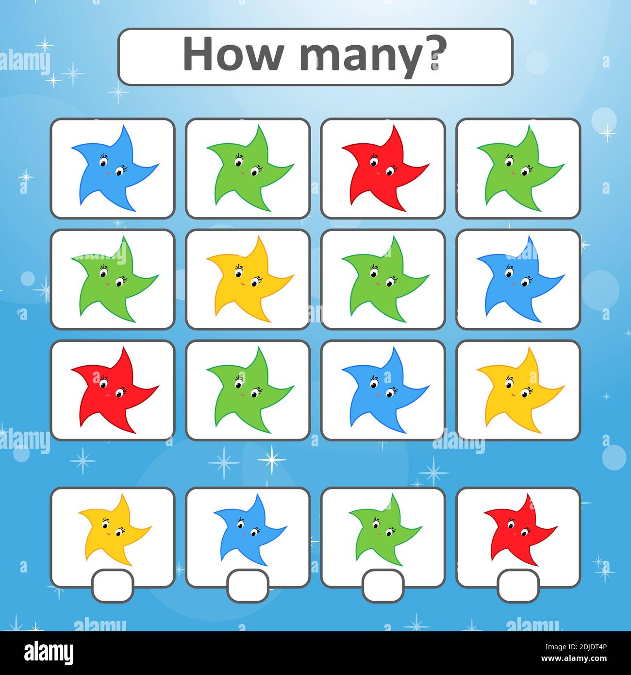 Spiel für Vorschulkinder. Zählen Sie so viele Sterne auf dem Bild, und notieren Sie das Ergebnis. Mit einem Ort für Antworten. Einfacher isolierter Vektor illus Stock Vektor
