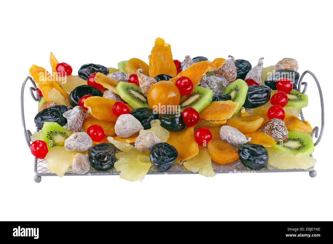 Eine Fotografie von getrockneten und kandierten Früchten auf weißem Hintergrund, um einen Presseartikel in Zeitschriften, Zeitungen Websites und anderen Werbebeilagen zu illustrieren. Stockfoto