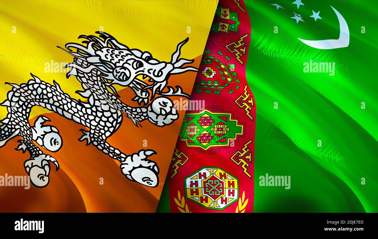 Bhutan und Turkmenistan Flaggen. 3D-Design mit wehenden Fahnen. Bhutan Turkmenistan Flagge, Bild, Tapete. Bhutan vs Turkmenistan Bild, 3D-Rendering. Bhutan Stockfoto