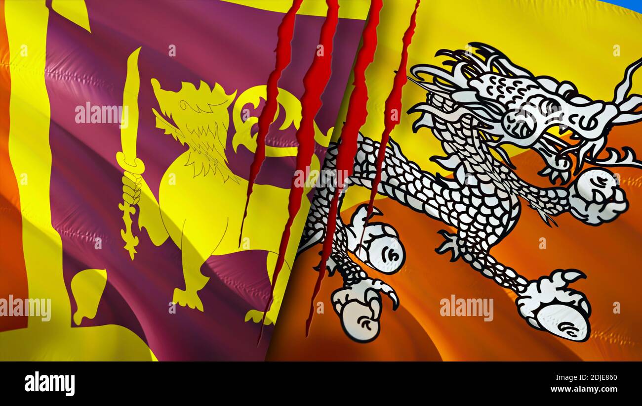 Sri Lanka und Bhutan Flaggen mit Narbenkonzept. Winkende Flagge, 3D-Rendering. Sri Lanka und Bhutan Konflikt Konzept. Sri Lanka Bhutan Beziehungen Konzept. fla Stockfoto