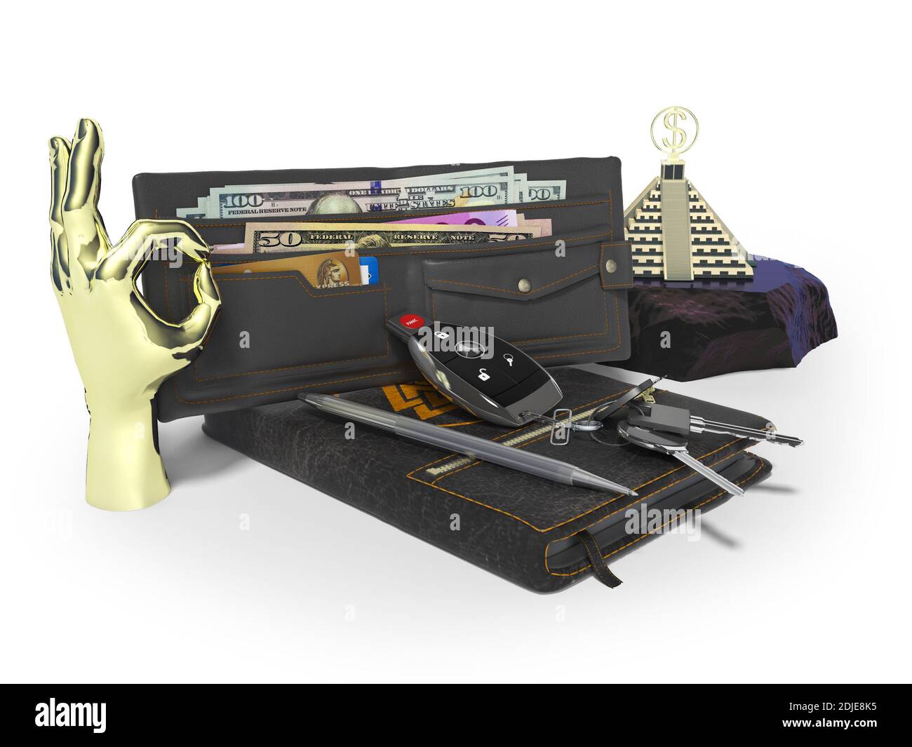 3D Rendering Business Set von Gentleman Brieftasche Autoschlüssel Notizblock goldenes Handgeld Peramida auf weißem Hintergrund mit Schatten Stockfoto
