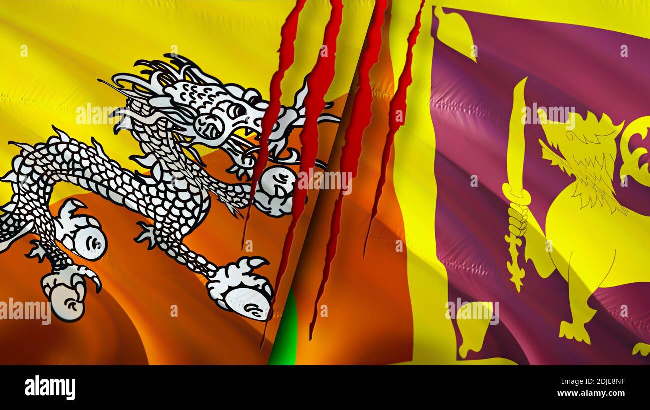 Bhutan und Sri Lanka Flaggen mit Narbenkonzept. Winkende Flagge, 3D-Rendering. Bhutan und Sri Lanka Konfliktkonzept. Bhutan Sri Lanka Beziehungen Konzept. fla Stockfoto