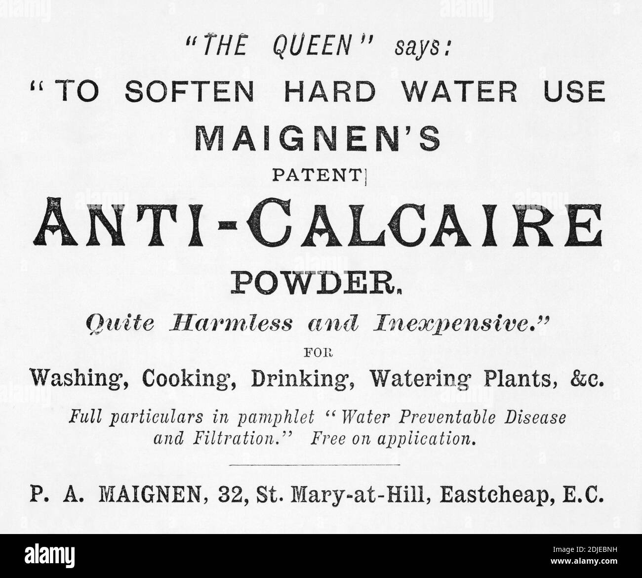 1886 viktorianischen Wasserenthärter Werbung. Es scheint, dass sie das gleiche Problem mit hartem Wasser hatten. Für die Geschichte der Werbung, & viktorianischen Haushalt Leben. Stockfoto