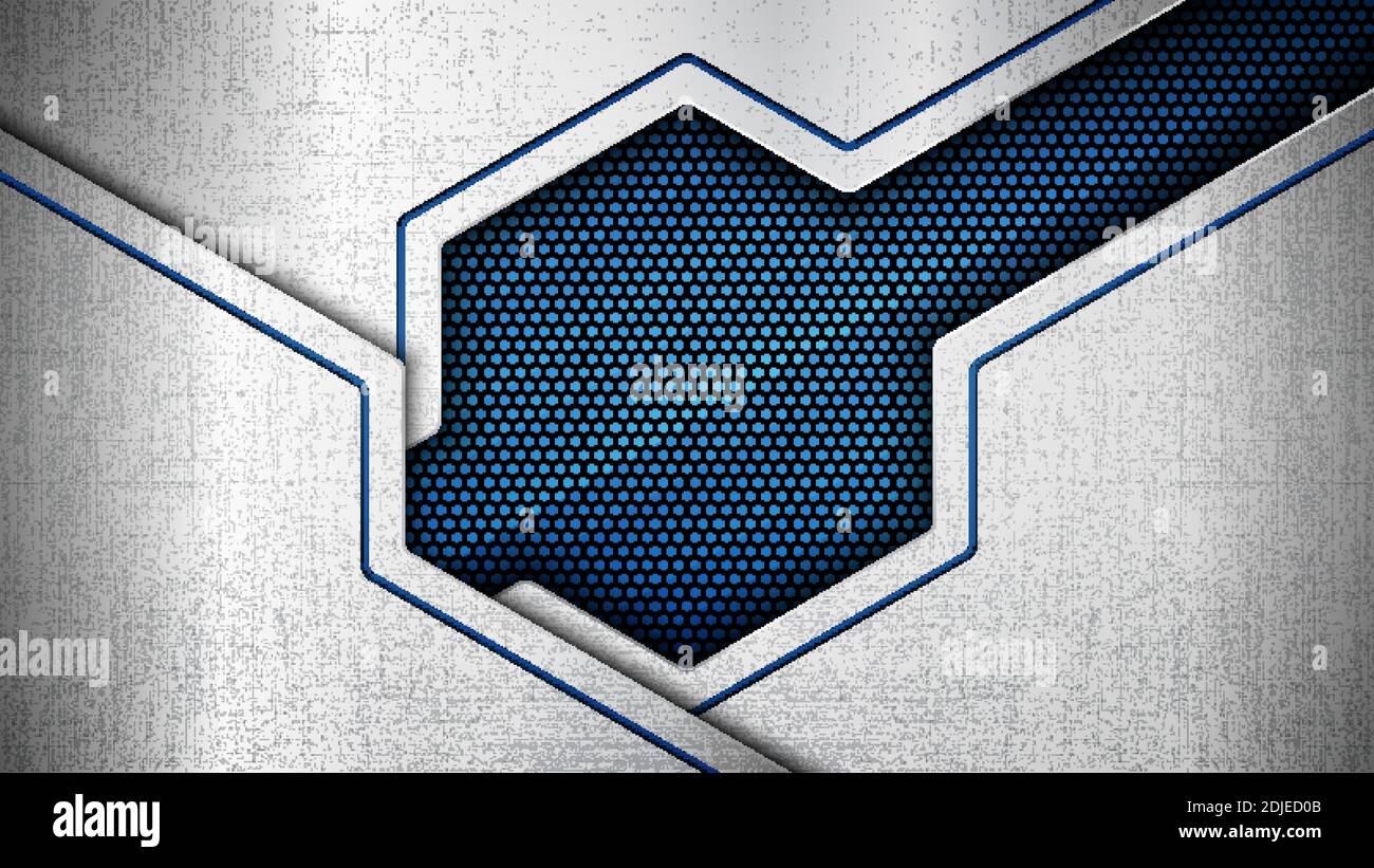 Vector Illustration der abstrakten Edelstahl Blech mit grunge Overlay metallische Textur und hexagonalen Raster über Blau hellen Hintergrund Stock Vektor